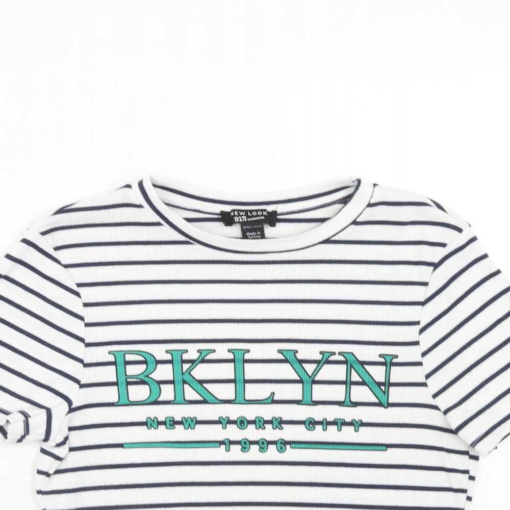 New Look Girls White Striped Polyester Pullover T-Shirt Size 14-15 Years Round Neck Pullover - Brooklyn New York