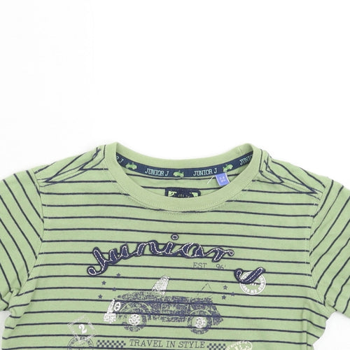Debenhams Boys Green Striped Cotton Pullover T-Shirt Size 3-4 Years Crew Neck Pullover - Car