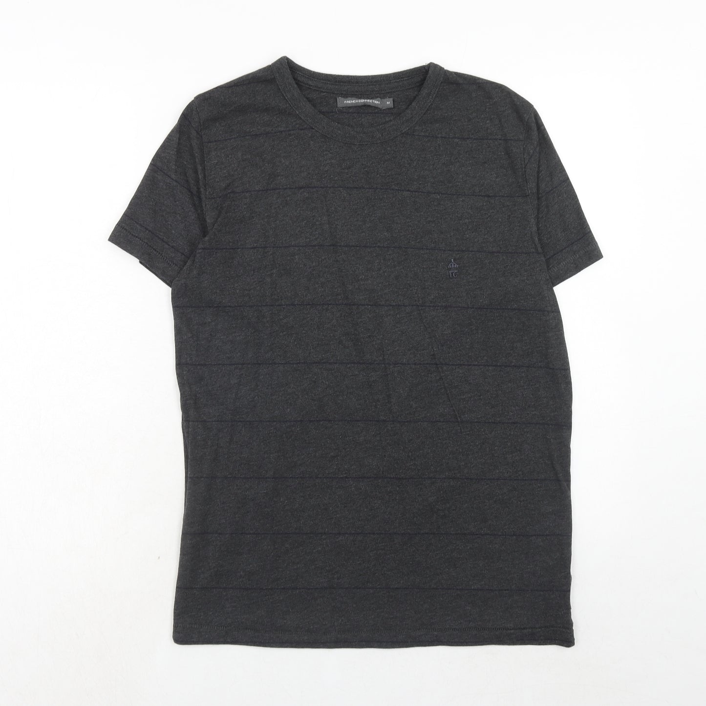 French Connection Mens Grey Striped Cotton T-Shirt Size M Round Neck