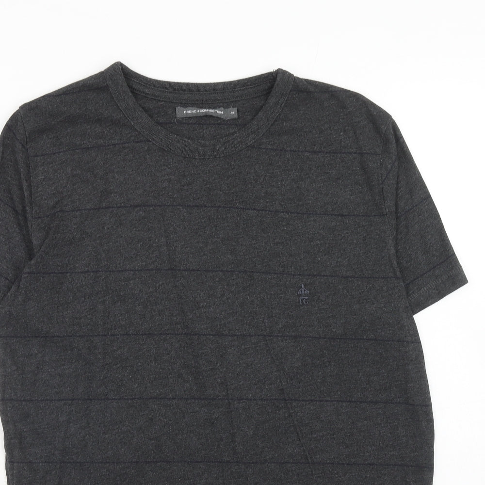 French Connection Mens Grey Striped Cotton T-Shirt Size M Round Neck