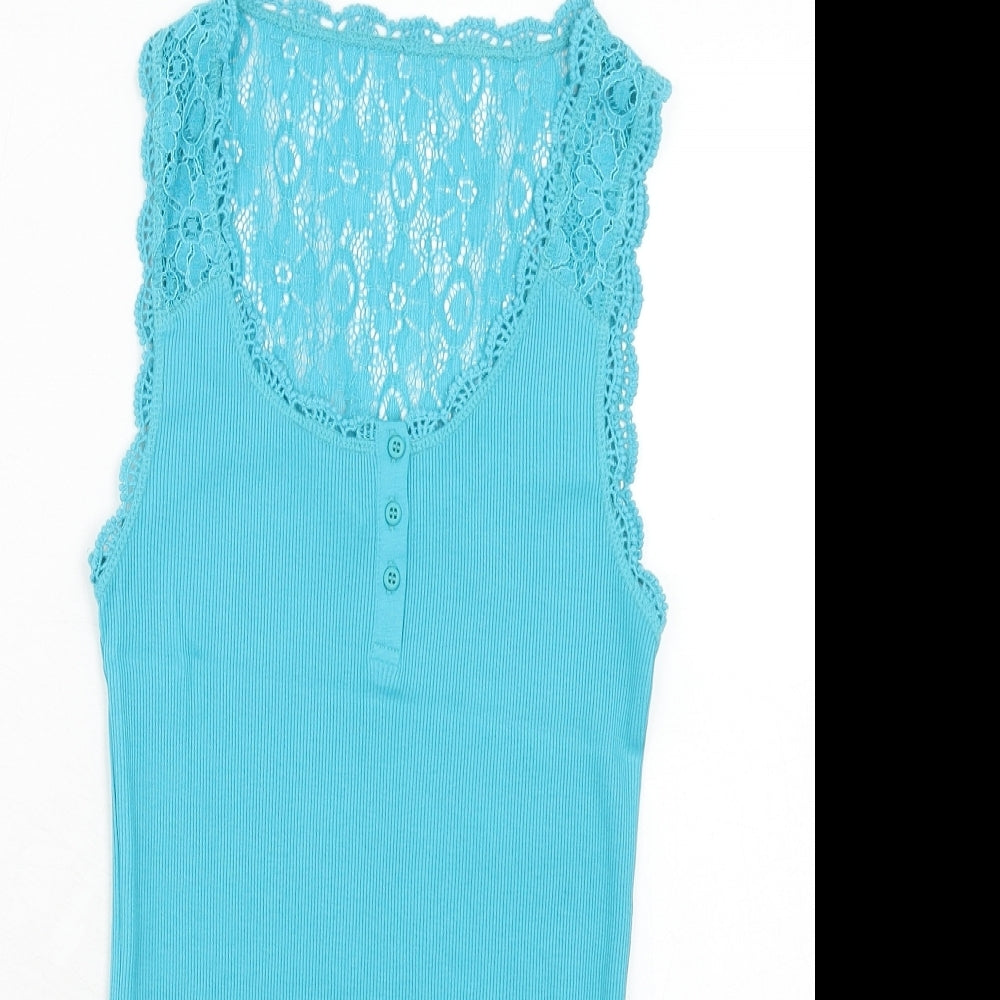 Debenhams Womens Blue Cotton Basic Tank Size 12 Round Neck - Lace Details