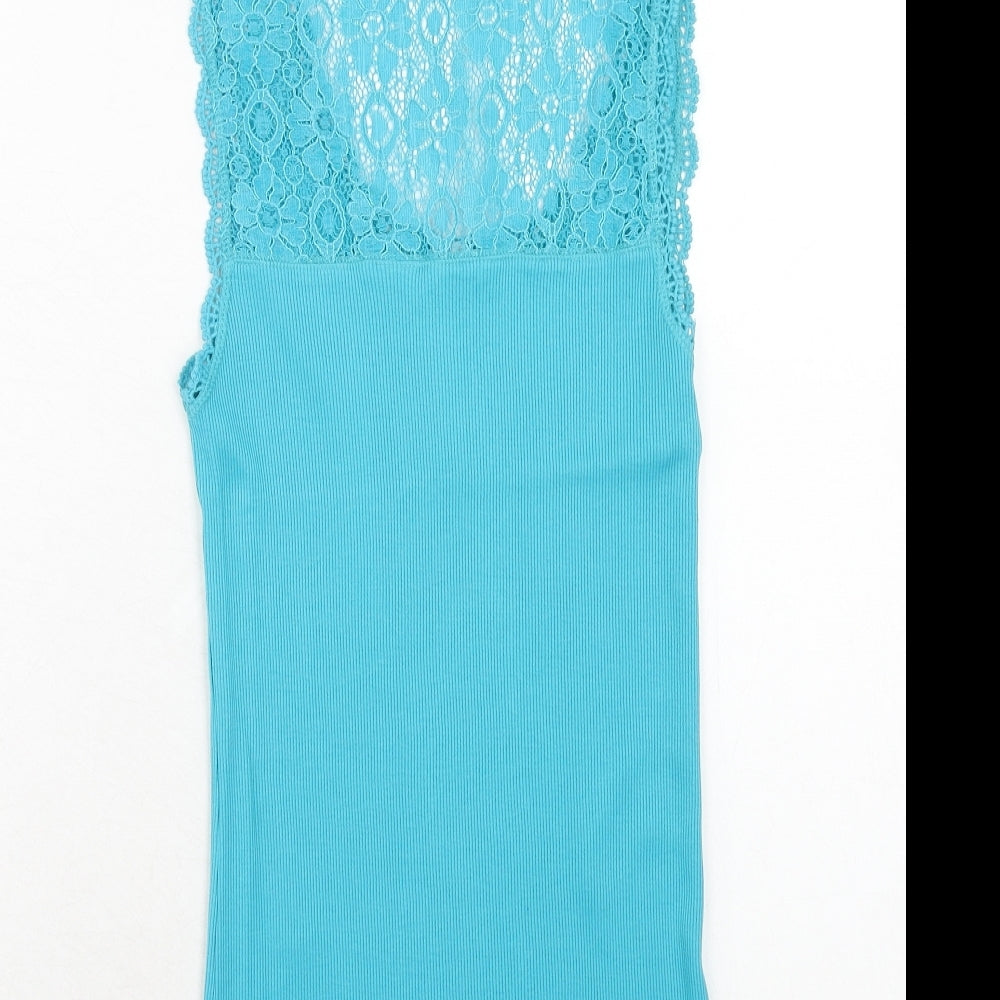Debenhams Womens Blue Cotton Basic Tank Size 12 Round Neck - Lace Details