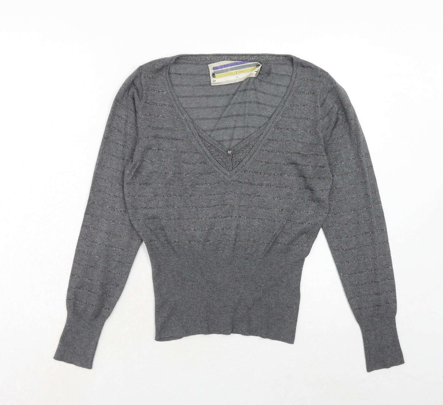 Jasper Conran Womens Grey V-Neck Striped Viscose Pullover Jumper Size 14