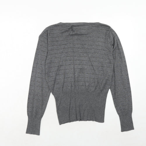 Jasper Conran Womens Grey V-Neck Striped Viscose Pullover Jumper Size 14
