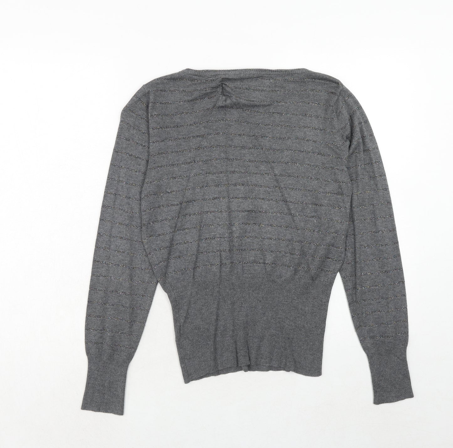 Jasper Conran Womens Grey V-Neck Striped Viscose Pullover Jumper Size 14