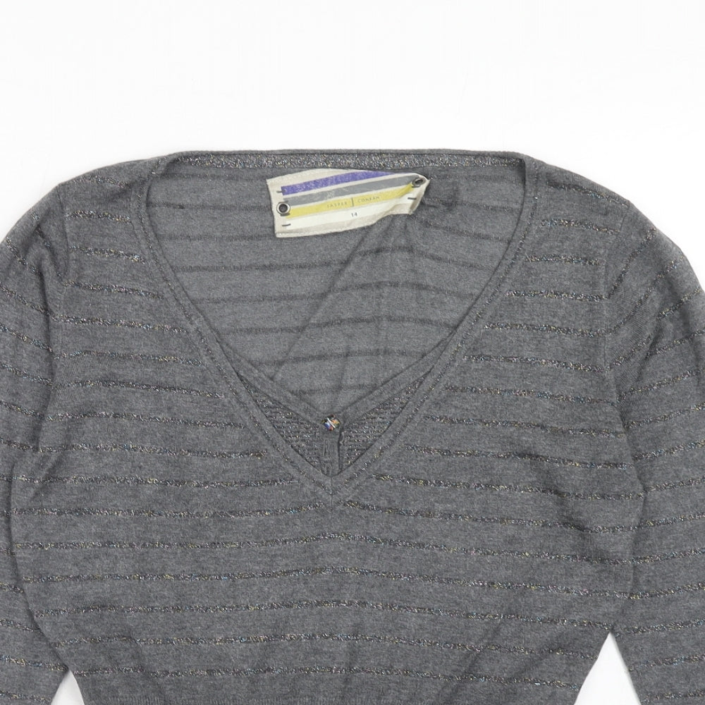 Jasper Conran Womens Grey V-Neck Striped Viscose Pullover Jumper Size 14