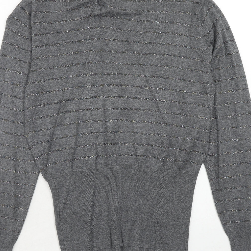 Jasper Conran Womens Grey V-Neck Striped Viscose Pullover Jumper Size 14