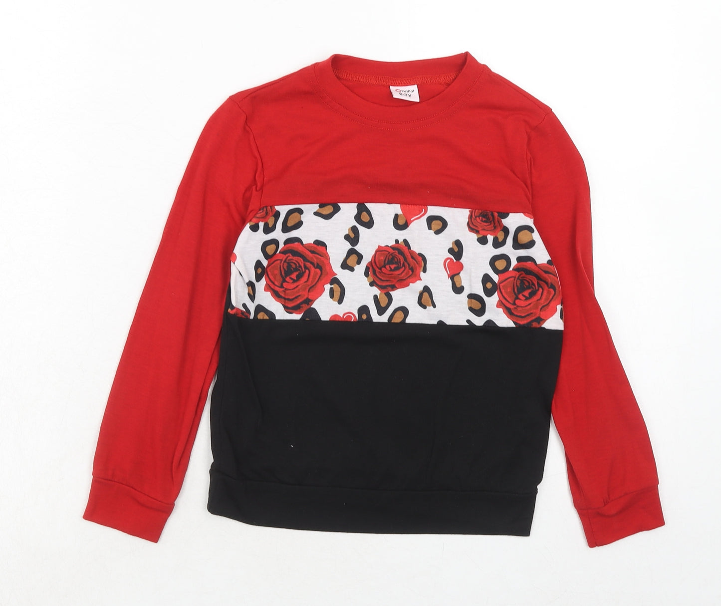 PatPat Girls Red Colourblock Polyester Pullover T-Shirt Size 6-7 Years Round Neck Pullover - Roses