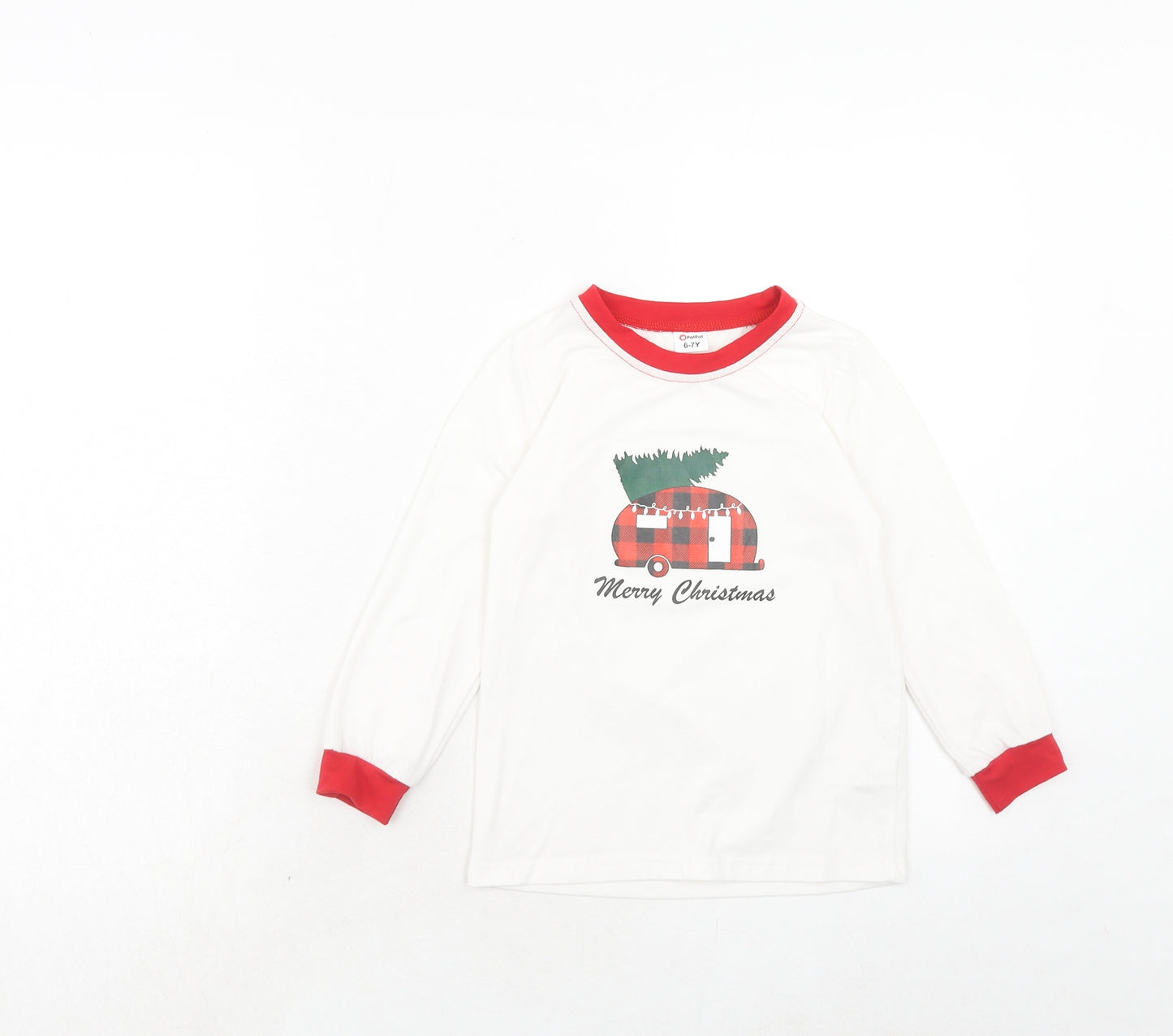 PatPat Girls White Polyester Pullover T-Shirt Size 6-7 Years Round Neck Pullover - Christmas