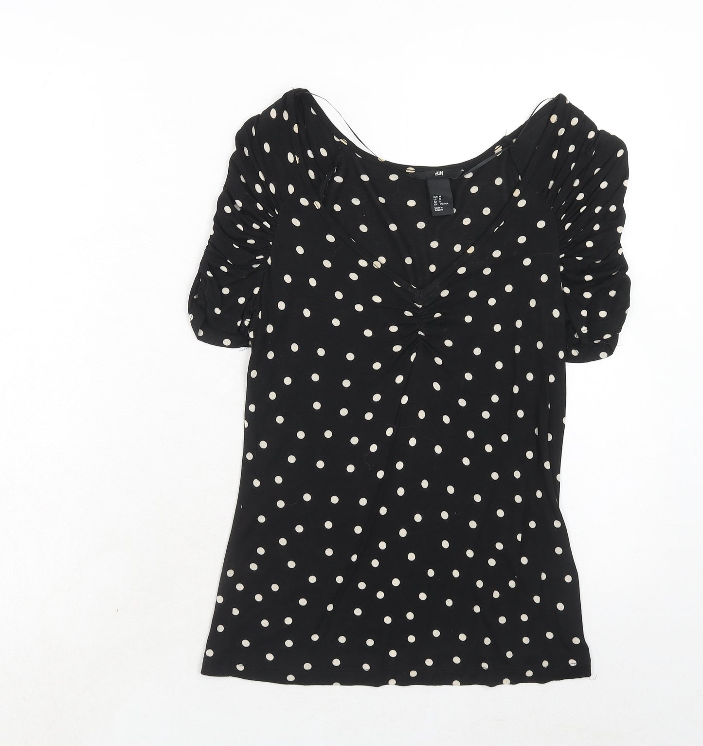 H&M Womens Black Polka Dot Viscose Basic T-Shirt Size M V-Neck - Ruched Sleeves