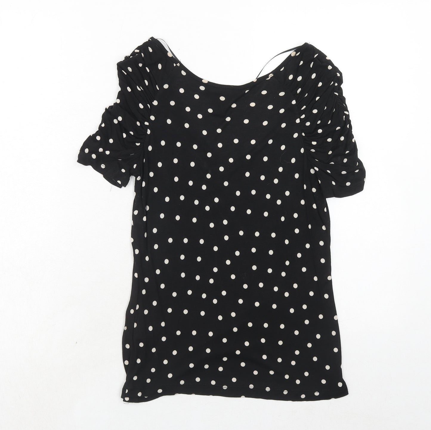 H&M Womens Black Polka Dot Viscose Basic T-Shirt Size M V-Neck - Ruched Sleeves