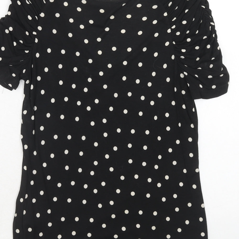 H&M Womens Black Polka Dot Viscose Basic T-Shirt Size M V-Neck - Ruched Sleeves