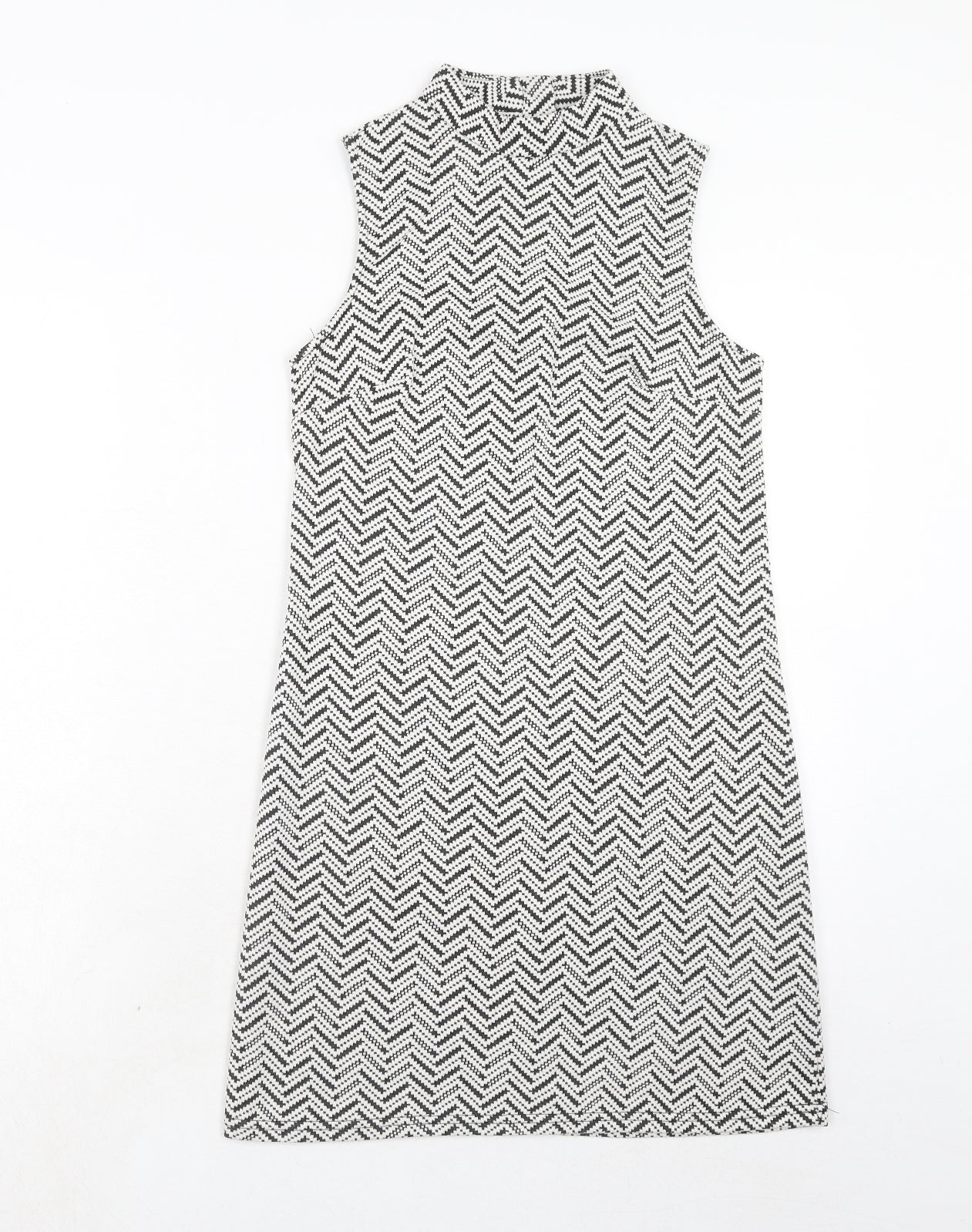 New Look Womens Black Geometric Cotton Shift Size 6 Mock Neck Zip