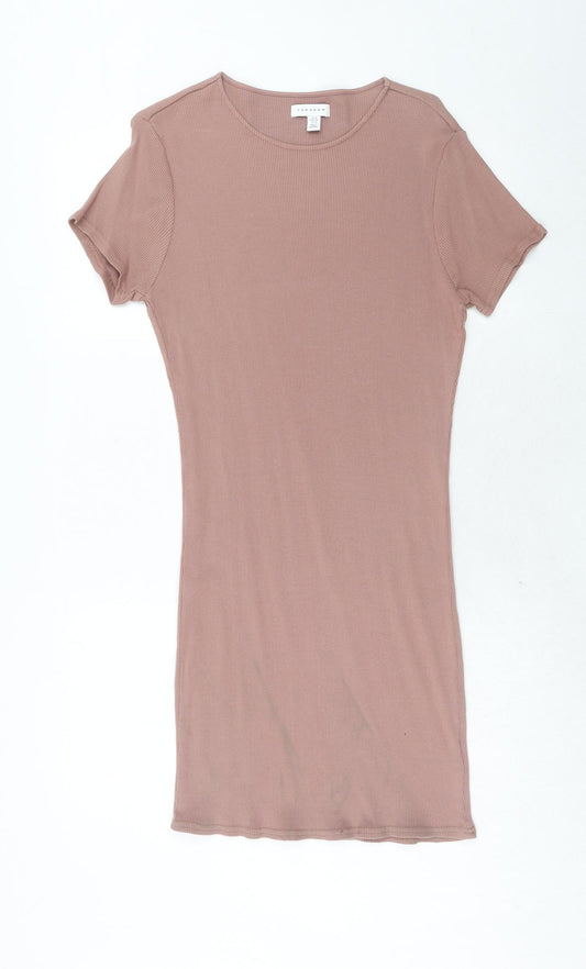 Topshop Womens Pink Cotton T-Shirt Dress Size 16 Boat Neck Pullover - Ribbed