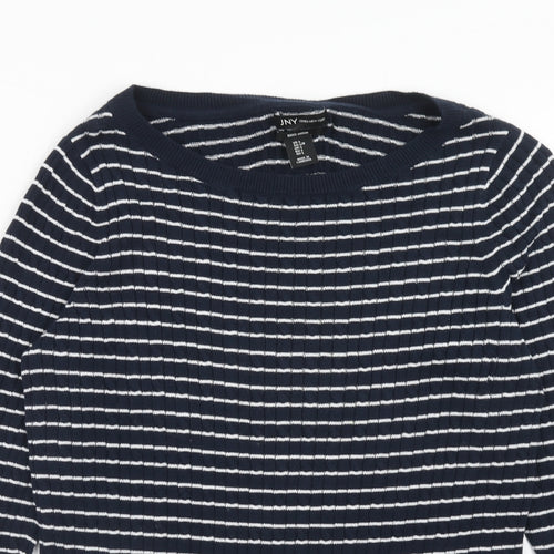 Jones New York Womens Blue Round Neck Striped Cotton Pullover Jumper Size L