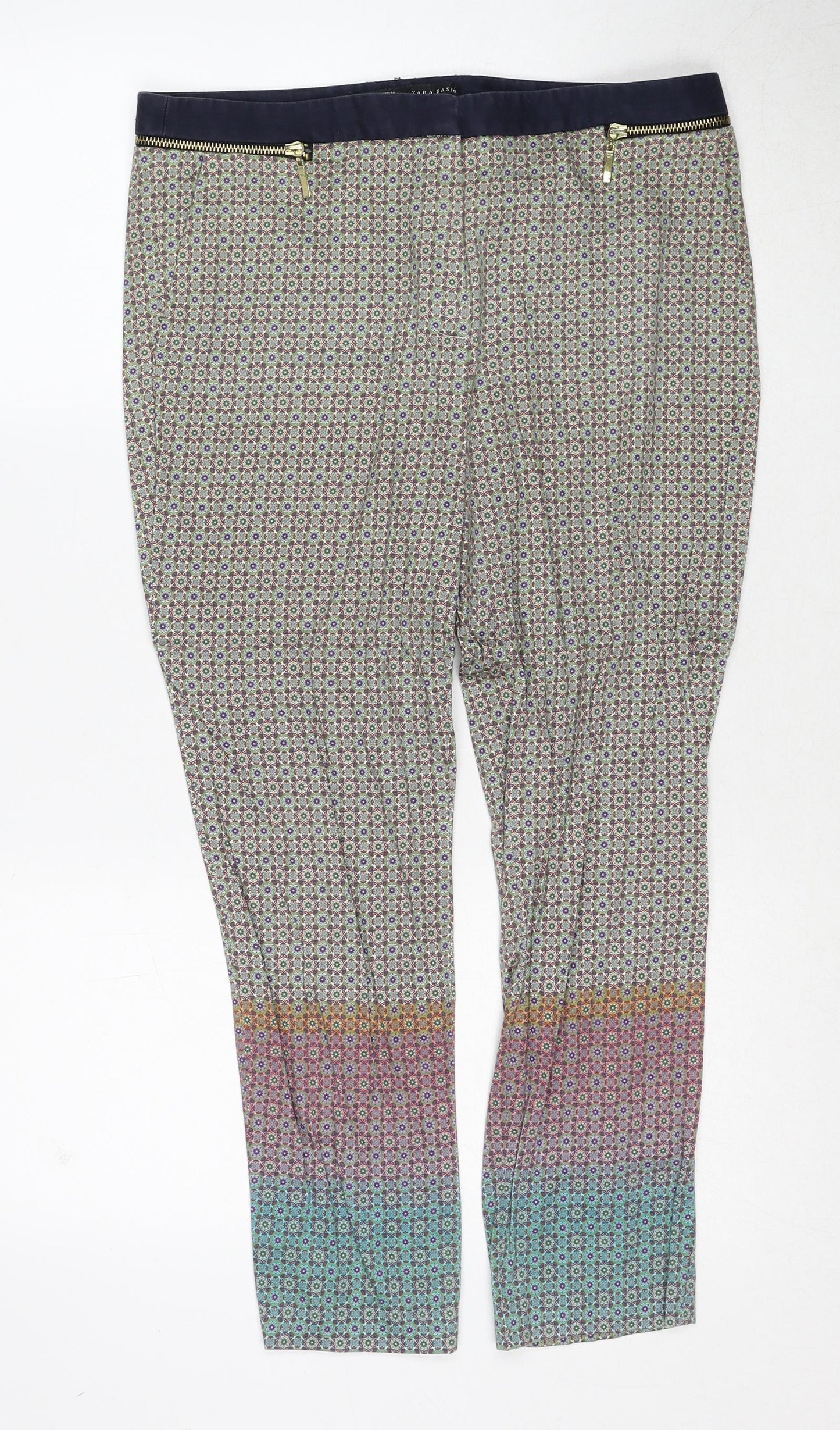 Zara Womens Multicoloured Geometric Polyester Trousers Size 10 Regular Zip