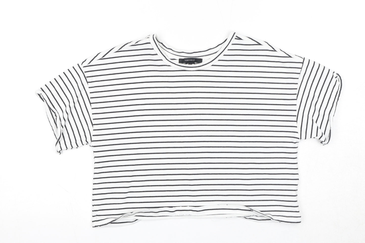 FOREVER 21 Womens White Striped Cotton Basic T-Shirt Size S Round Neck