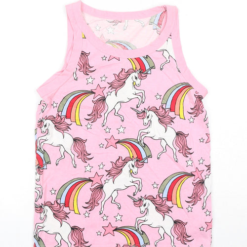NEXT Girls Pink Geometric Cotton Pullover Tank Size 12 Years Boat Neck Pullover - Unicorn Print