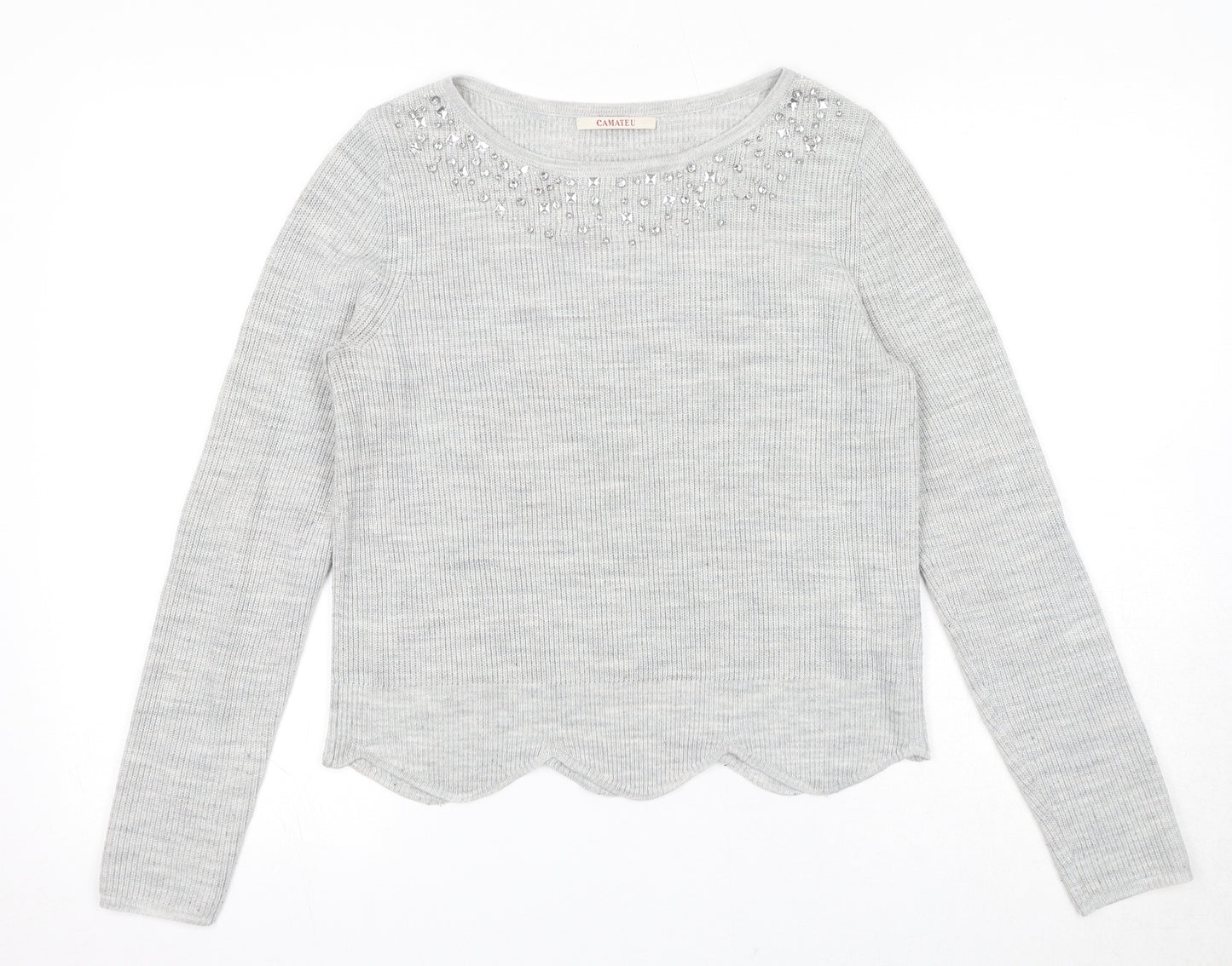 Camaieu Womens Grey Round Neck Acrylic Pullover Jumper Size S