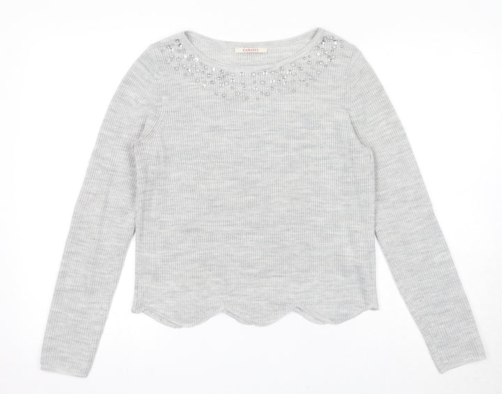 Camaieu Womens Grey Round Neck Acrylic Pullover Jumper Size S