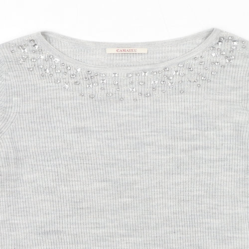 Camaieu Womens Grey Round Neck Acrylic Pullover Jumper Size S