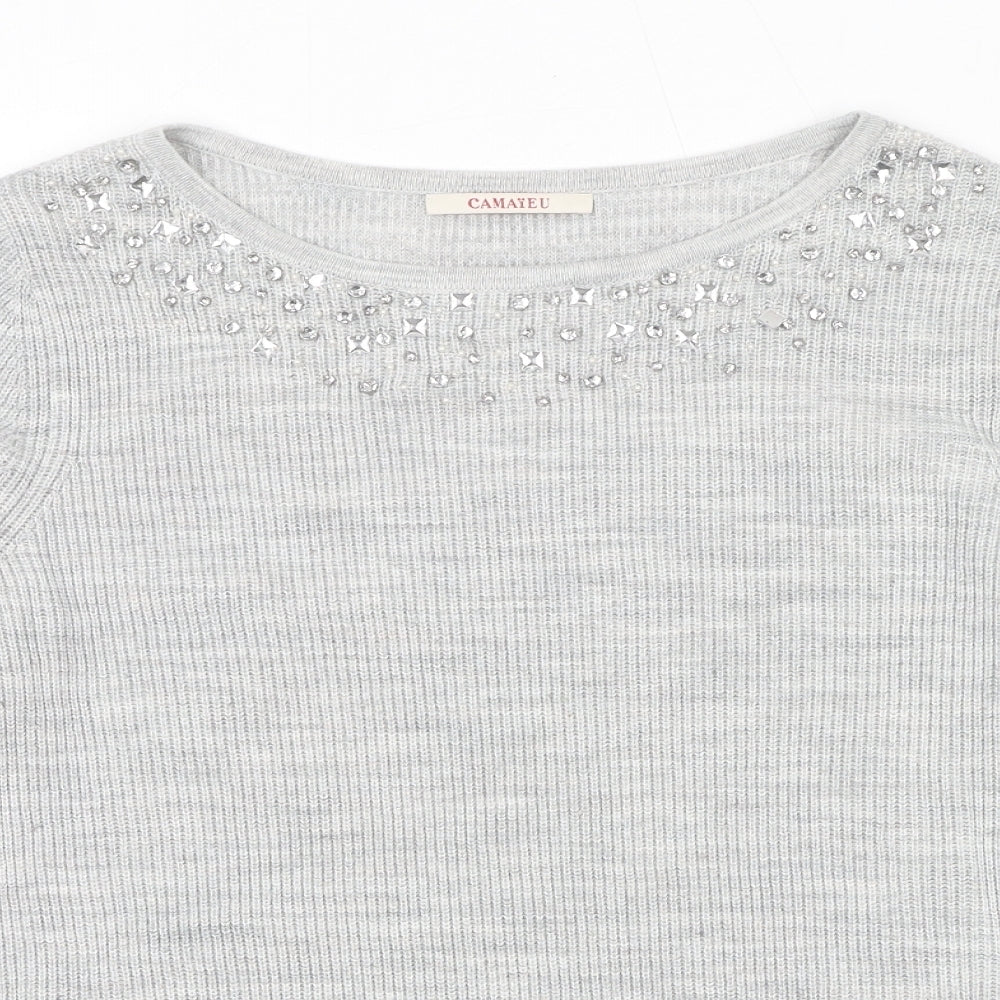 Camaieu Womens Grey Round Neck Acrylic Pullover Jumper Size S