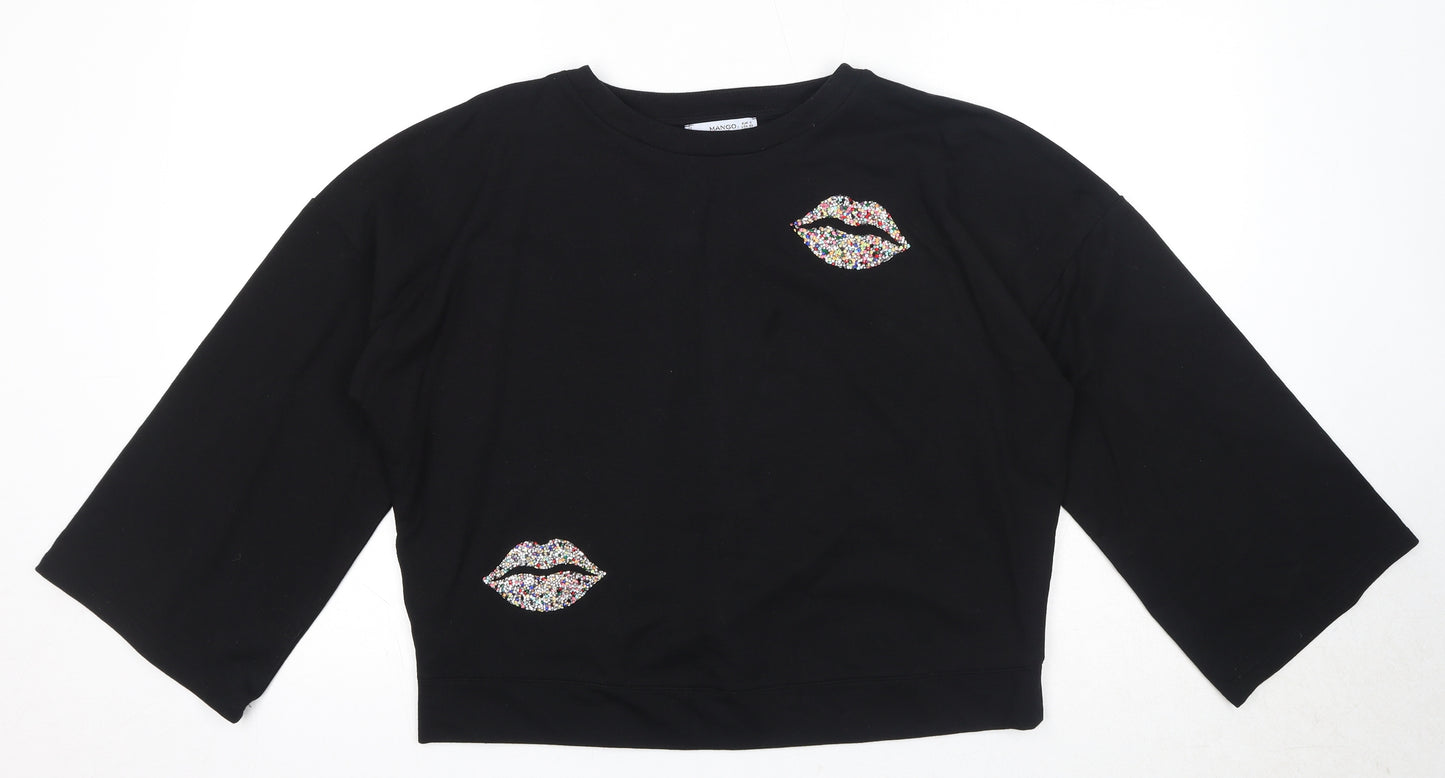 Mango Womens Black Cotton Basic T-Shirt Size S Round Neck - Lips Motif