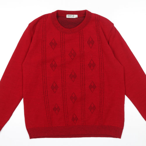 Envy Us Womens Red Round Neck Argyle/Diamond Acrylic Pullover Jumper Size XL