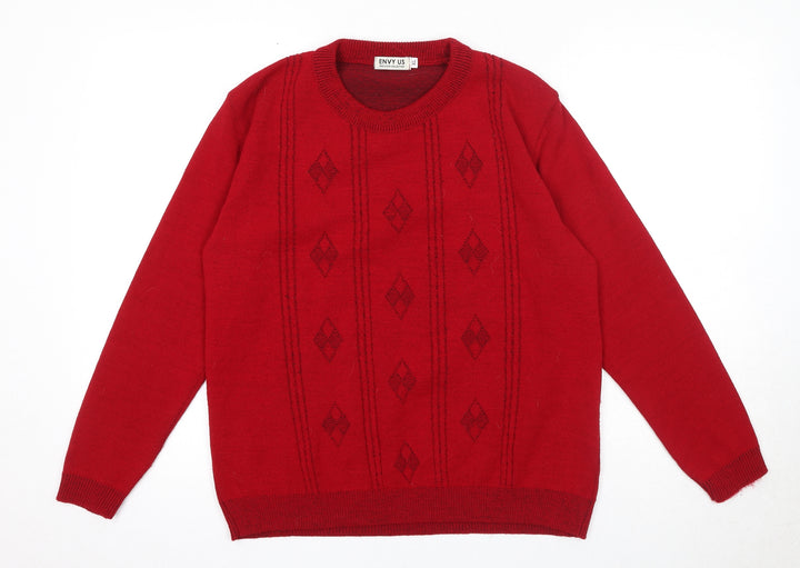 Envy Us Womens Red Round Neck Argyle/Diamond Acrylic Pullover Jumper Size XL