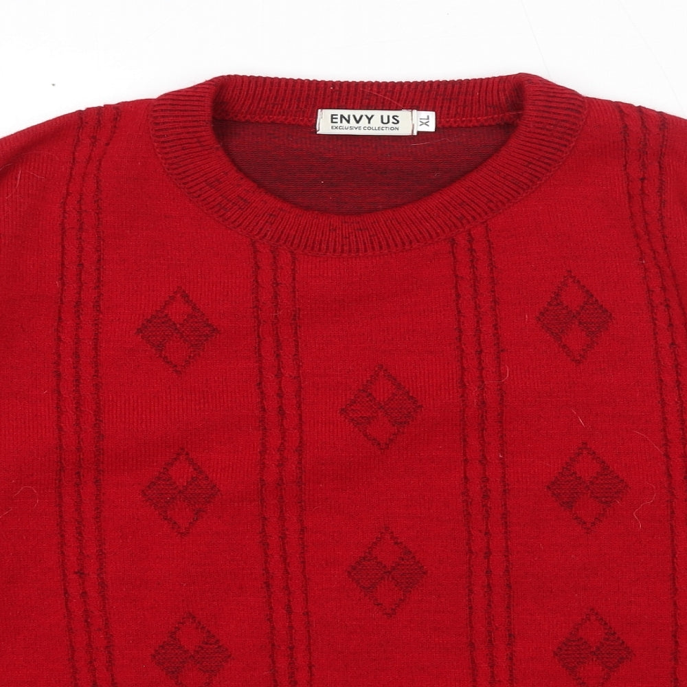 Envy Us Womens Red Round Neck Argyle/Diamond Acrylic Pullover Jumper Size XL