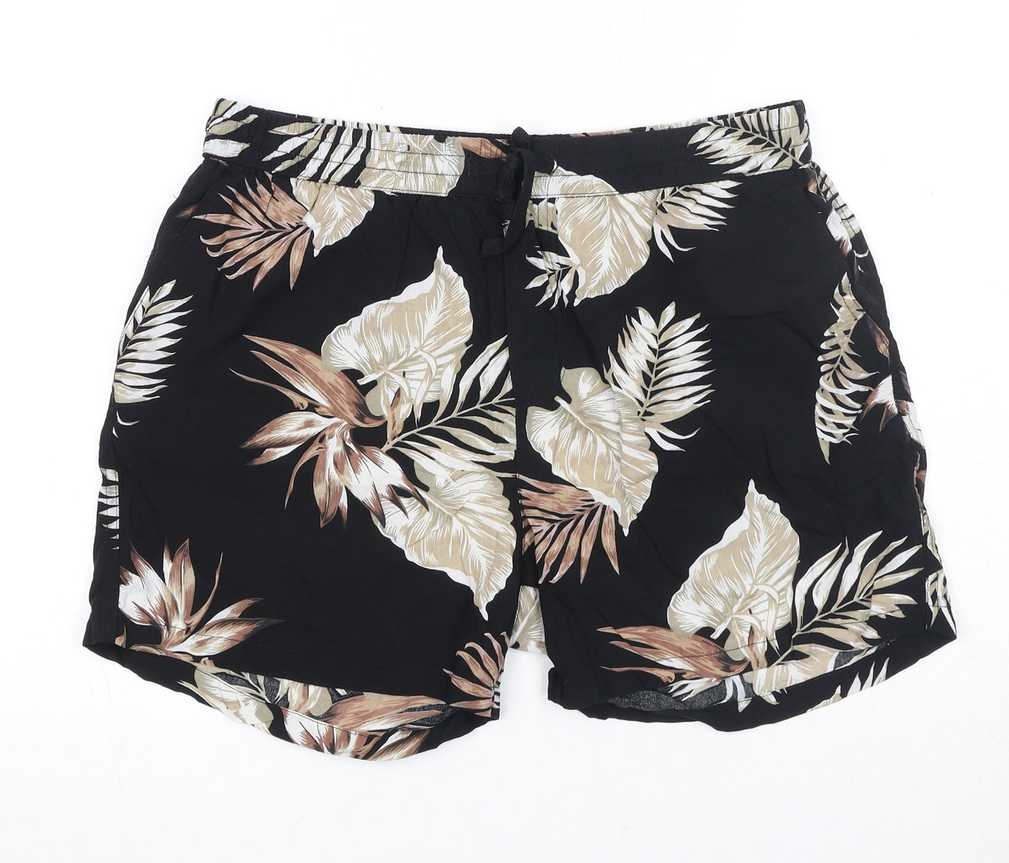 New Look Mens Black Geometric Viscose Bermuda Shorts Size M Regular Drawstring - Leaf Print