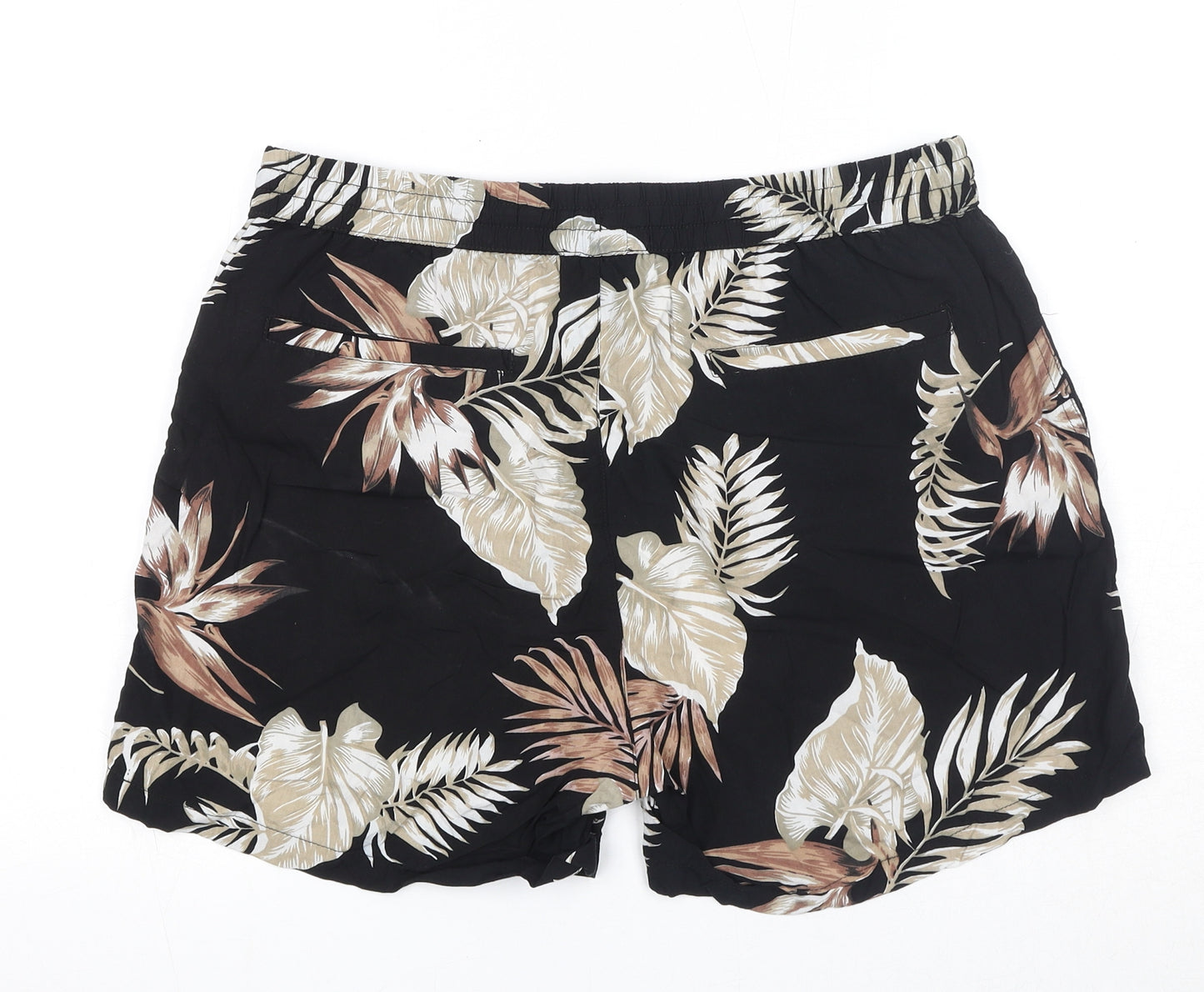 New Look Mens Black Geometric Viscose Bermuda Shorts Size M Regular Drawstring - Leaf Print
