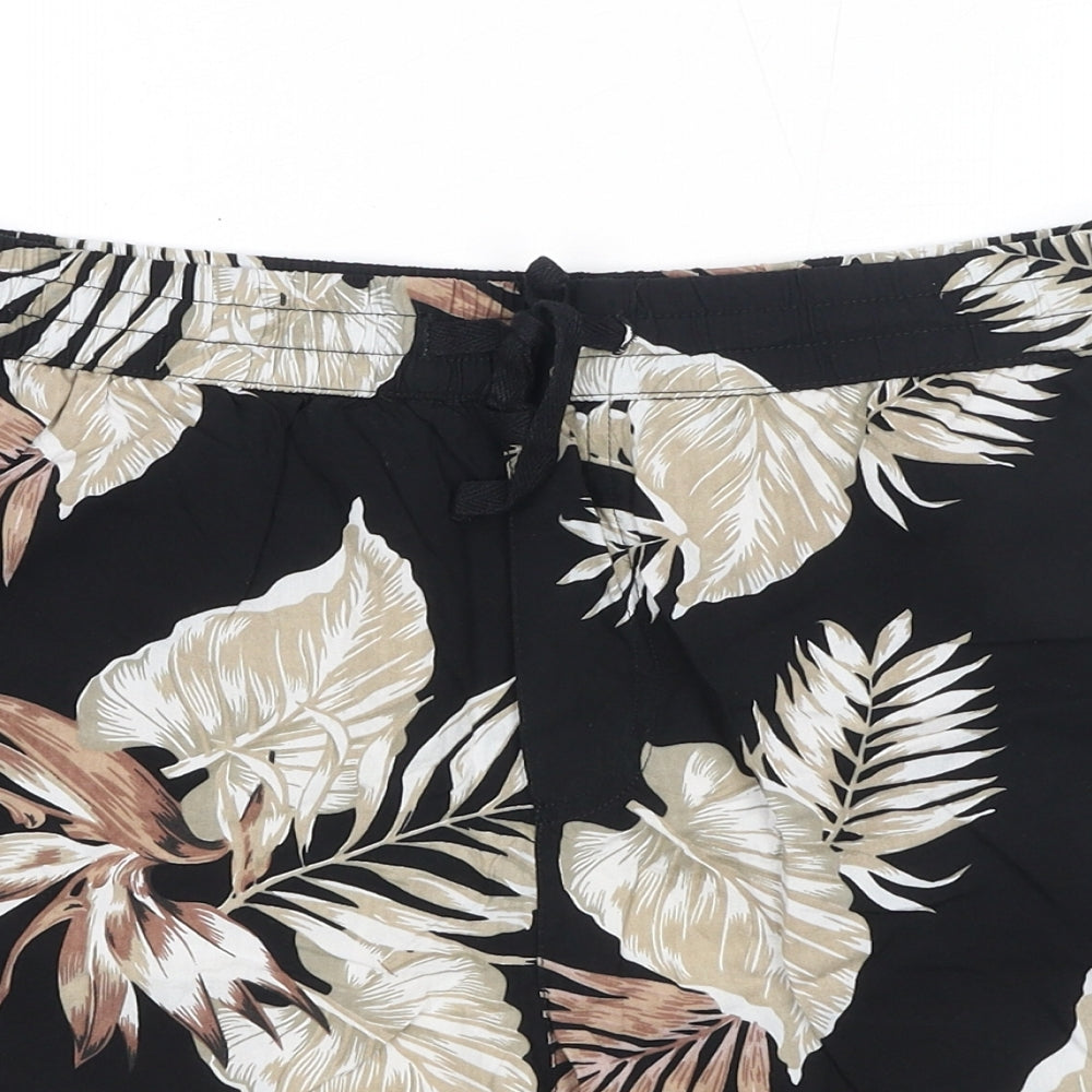 New Look Mens Black Geometric Viscose Bermuda Shorts Size M Regular Drawstring - Leaf Print