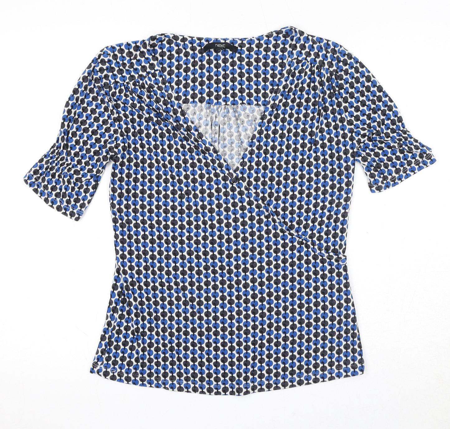NEXT Womens Blue Geometric Viscose Basic Blouse Size 10 V-Neck - Wrap Style