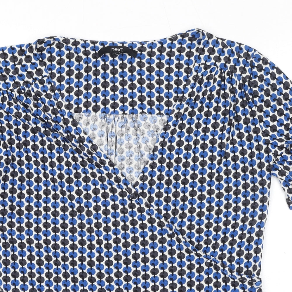 NEXT Womens Blue Geometric Viscose Basic Blouse Size 10 V-Neck - Wrap Style