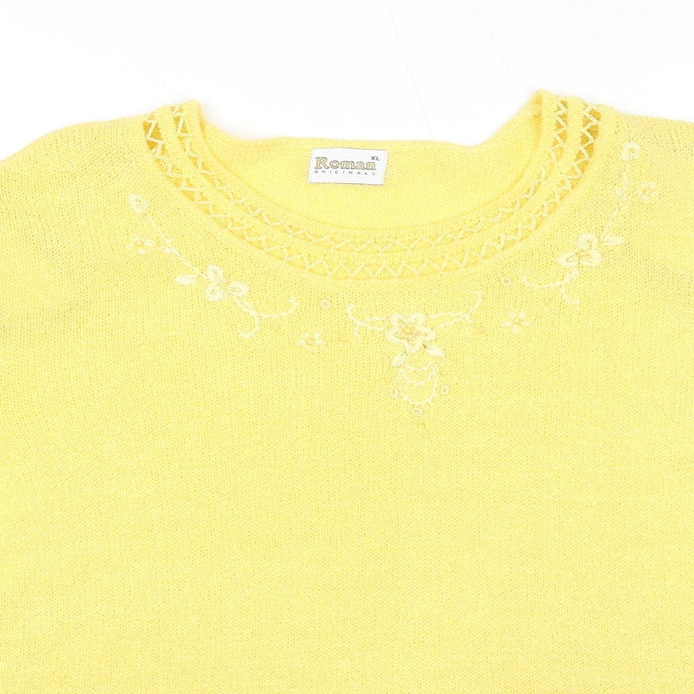 Roman Womens Yellow Round Neck Acrylic Pullover Jumper Size XL