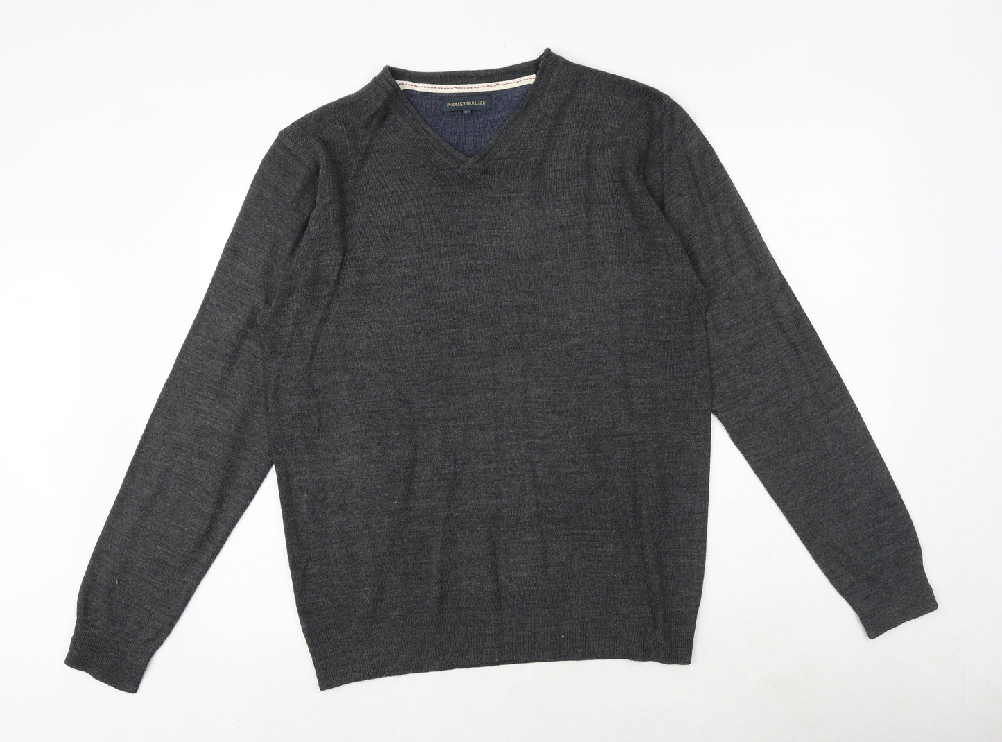 Industrialize Mens Grey V-Neck Acrylic Pullover Jumper Size L Long Sleeve