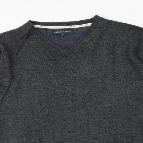 Industrialize Mens Grey V-Neck Acrylic Pullover Jumper Size L Long Sleeve