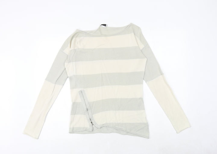 Hunkydory Womens Green Boat Neck Striped 100% Cotton Pullover Jumper Size XS