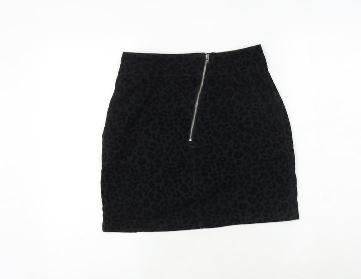 Topshop Womens Black Animal Print Polyester A-Line Skirt Size 8 Zip - Leopard Pattern