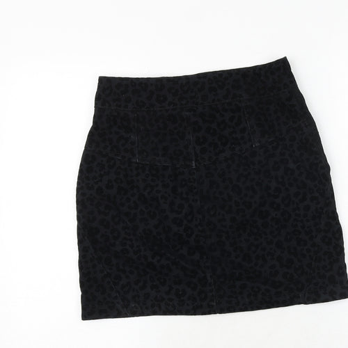 Topshop Womens Black Animal Print Polyester A-Line Skirt Size 8 Zip - Leopard Pattern