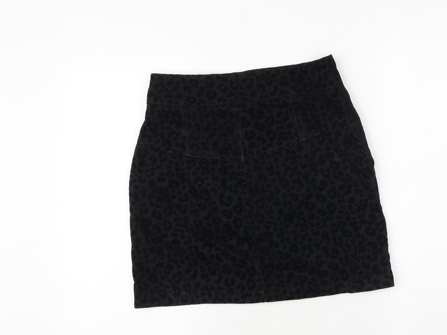 Topshop Womens Black Animal Print Polyester A-Line Skirt Size 8 Zip - Leopard Pattern