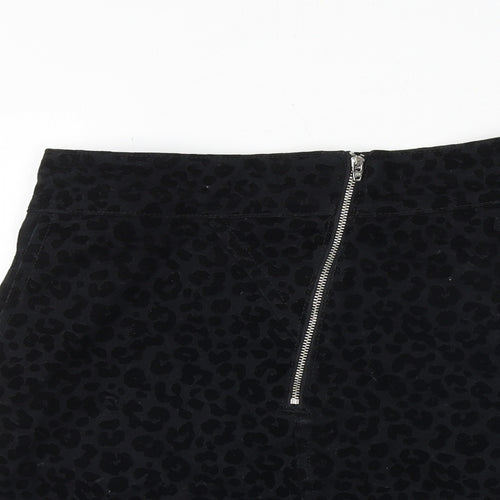 Topshop Womens Black Animal Print Polyester A-Line Skirt Size 8 Zip - Leopard Pattern