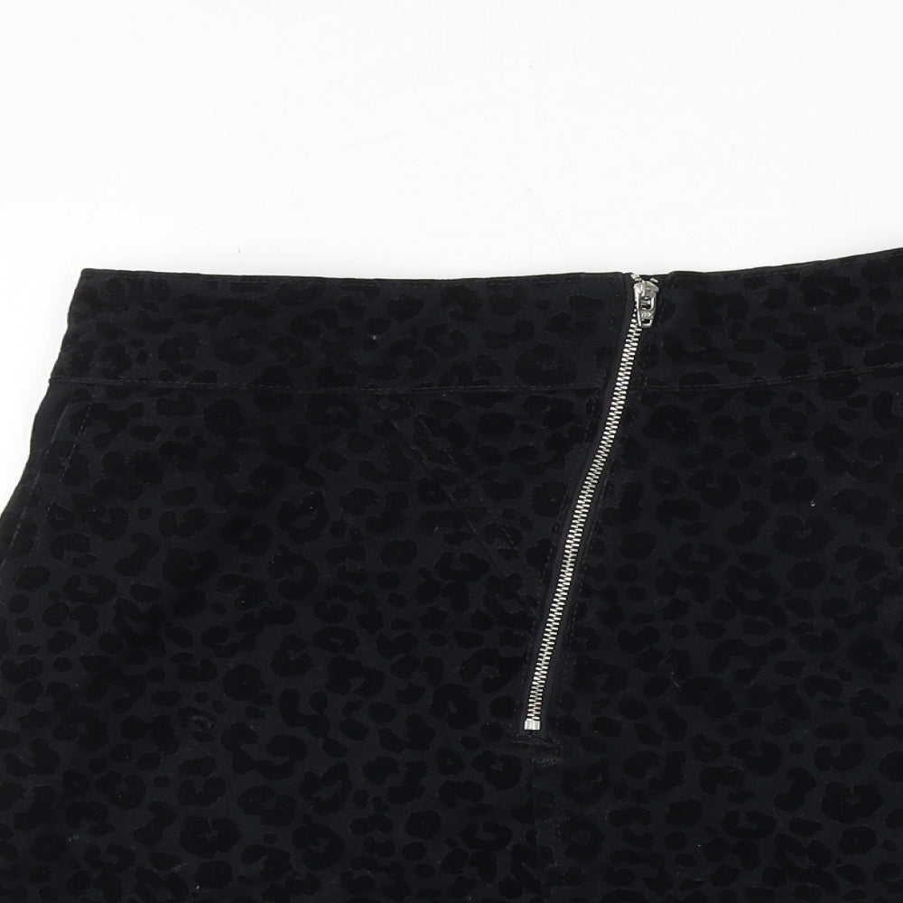 Topshop Womens Black Animal Print Polyester A-Line Skirt Size 8 Zip - Leopard Pattern