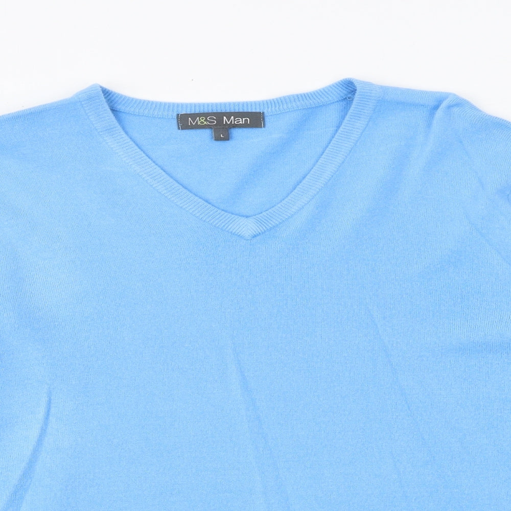Marks and Spencer Mens Blue V-Neck Acrylic Pullover Jumper Size L Long Sleeve