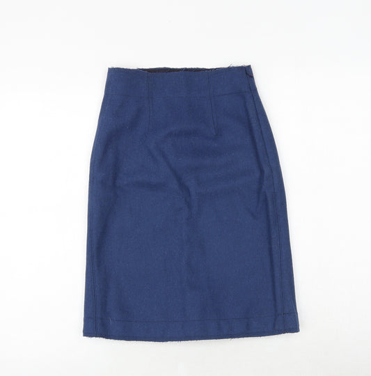 Front view of Uniqlo women’s blue wool a-line skirt, size UK 24, in zip