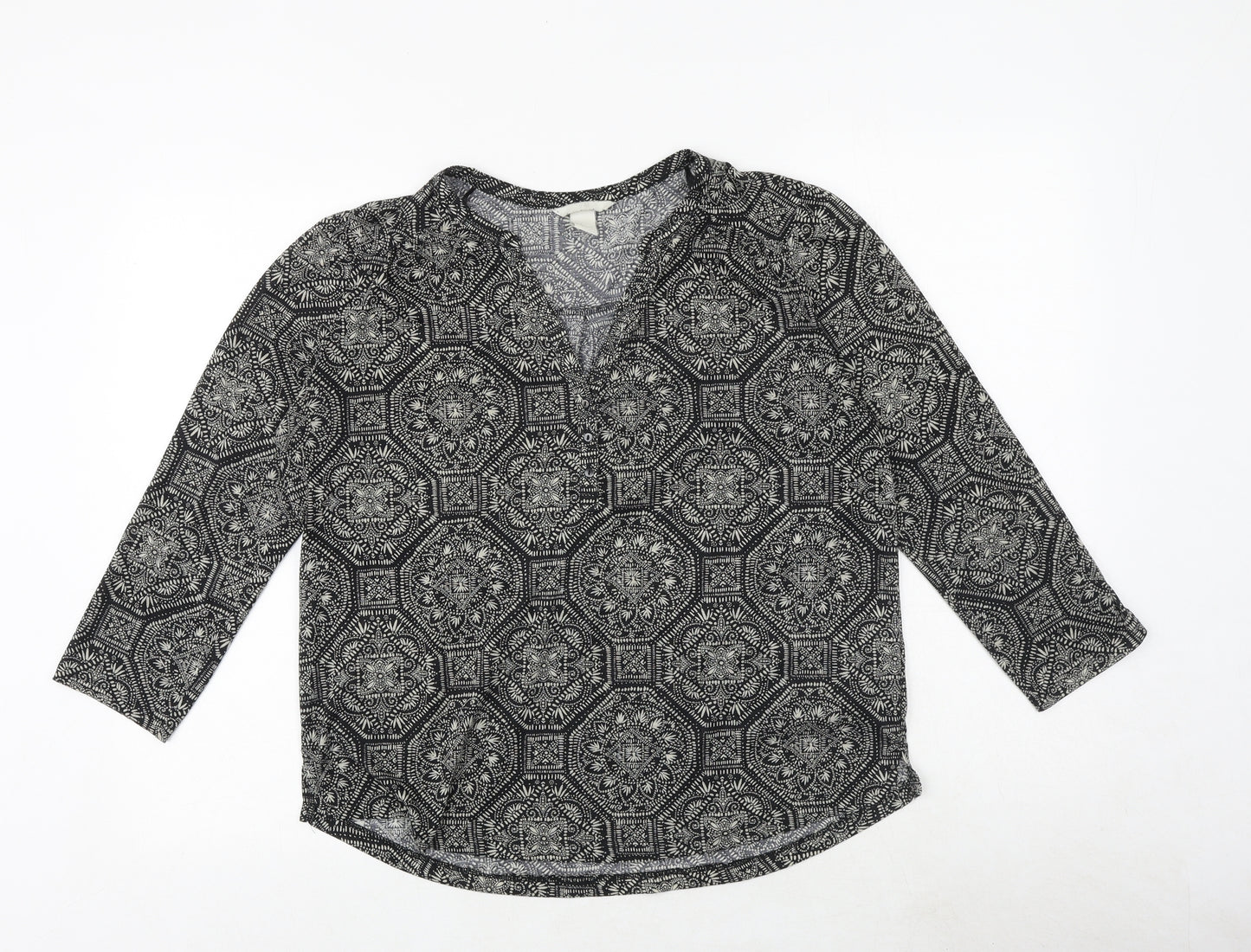 H&M Womens Black Geometric Polyester Basic T-Shirt Size M V-Neck