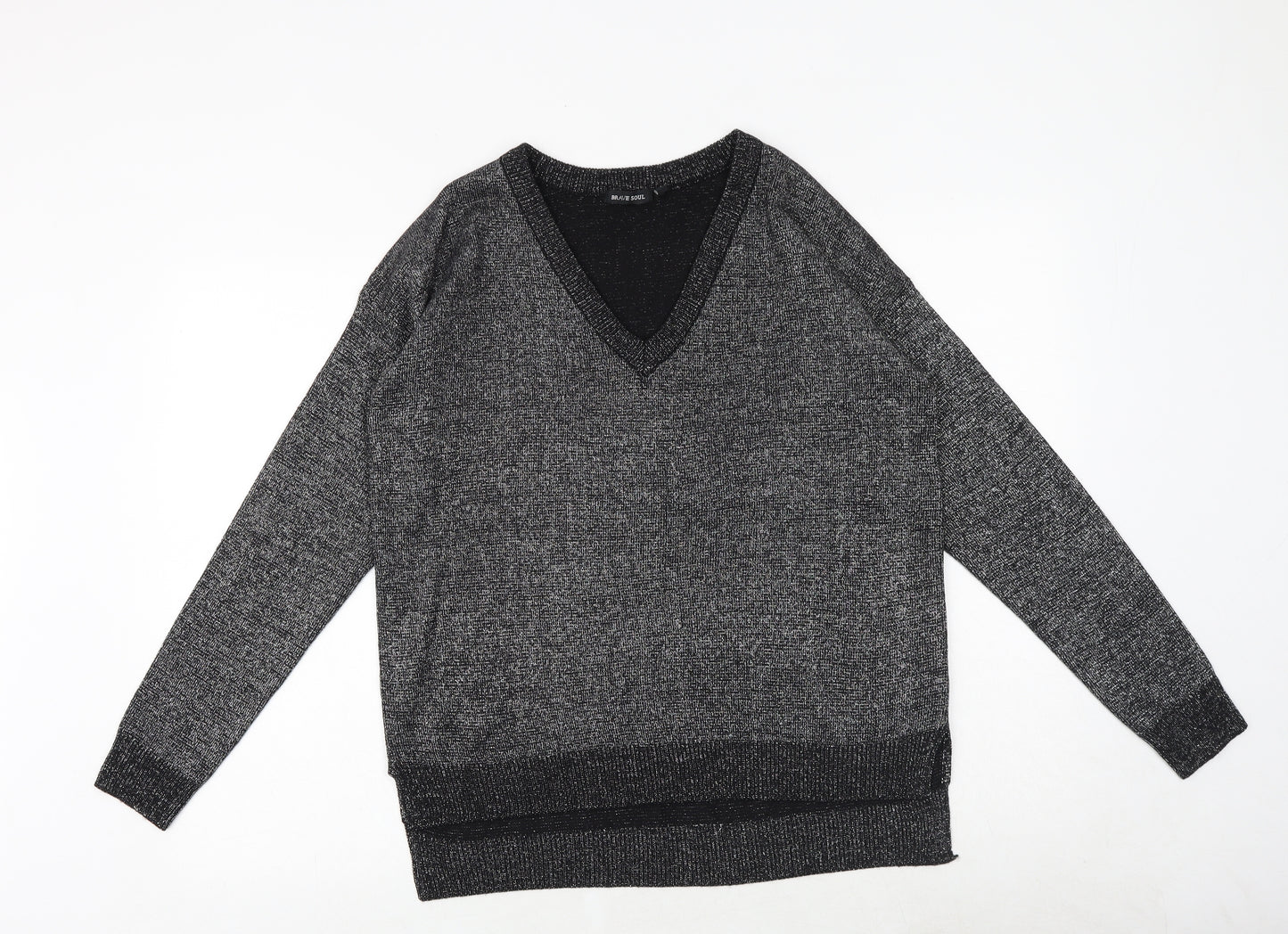 Brave Soul Womens Black V-Neck Geometric Acrylic Pullover Jumper Size 12