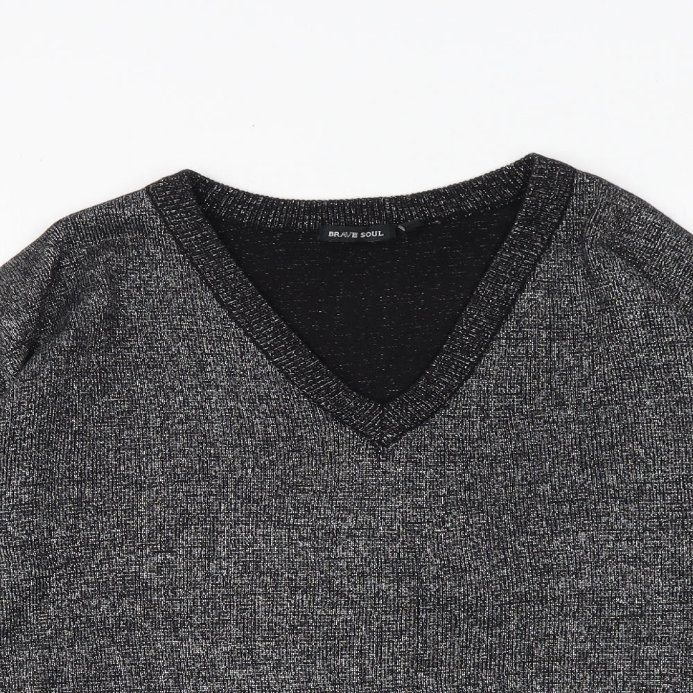 Brave Soul Womens Black V-Neck Geometric Acrylic Pullover Jumper Size 12