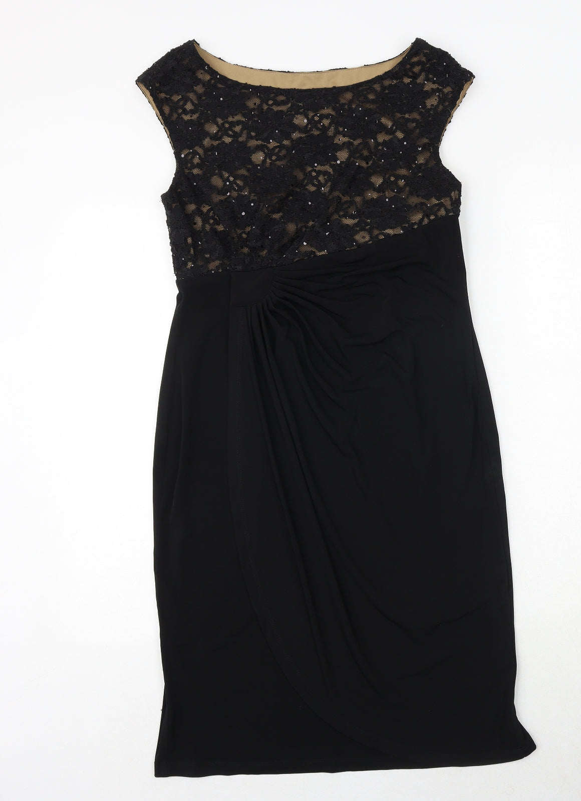Connected Womens Black Nylon Pencil Dress Size 8 Boat Neck Pullover - Lace Detail